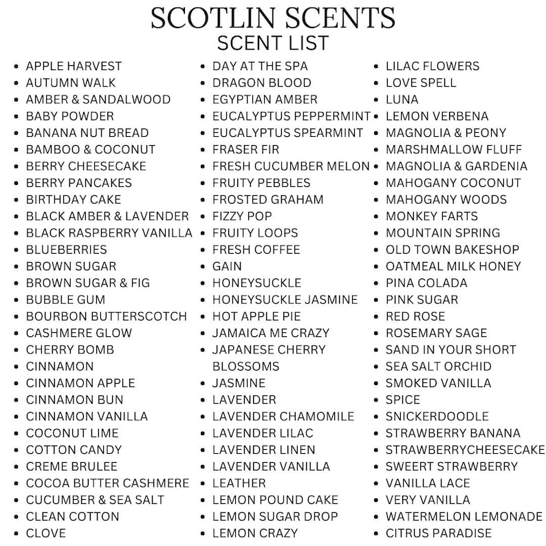 May include: A list of over 100 different scents for candles, soaps, and other products. The scents are organized into categories such as fruit, floral, and food.