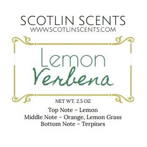 May include: A label for a 2.5 ounce bottle of Lemon Verbena essential oil. The label is green and white with the text "SCOTLIN SCENTS" and "WWW.SCOTLINSCENTS.COM". The label also includes the text "Lemon Verbena" in a decorative font. The label lists the top, middle, and bottom notes of the essential oil.