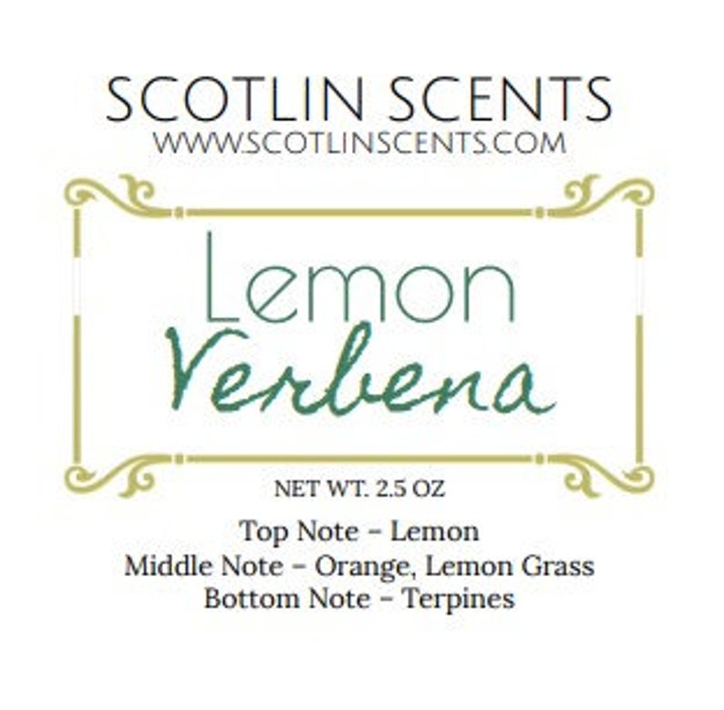 May include: A label for a 2.5 ounce bottle of Lemon Verbena essential oil. The label is green and white with the text "SCOTLIN SCENTS" and "WWW.SCOTLINSCENTS.COM". The label also includes the text "Lemon Verbena" in a decorative font. The label lists the top, middle, and bottom notes of the essential oil.