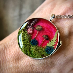 Real Mushroom Resin Necklace, Pendant with Green Moss, Red Statement Necklace, Forest Mushroom Necklace, Silver Fairy Necklace, Cottage Core image 1
