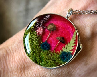 Real Mushroom Resin Necklace, Pendant with Green Moss, Red Statement Necklace, Forest Mushroom Necklace, Silver Fairy Necklace, Cottage Core