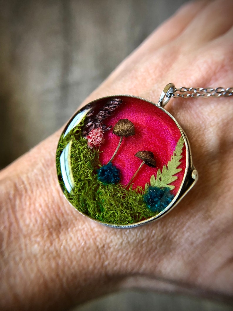 Real Mushroom Resin Necklace, Pendant with Green Moss, Red Statement Necklace, Forest Mushroom Necklace, Silver Fairy Necklace, Cottage Core image 1