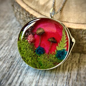 Real Mushroom Resin Necklace, Pendant with Green Moss, Red Statement Necklace, Forest Mushroom Necklace, Silver Fairy Necklace, Cottage Core image 2