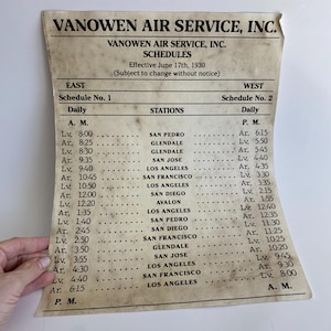 May include: A vintage, yellowed paper schedule for Vanowen Air Service, Inc. with flight times and destinations for Eastbound and Westbound flights. The schedule is dated 17th June 1930 and includes destinations such as San Pedro, Glendale, San Jose, Los Angeles, San Francisco, San Diego, and Avalon.