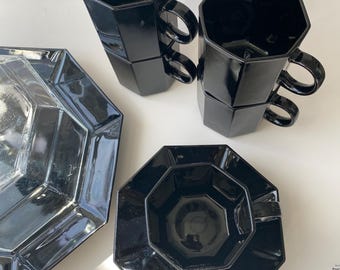 1980s Vintage Arcoroc France Novoctime Black Glass Domed Cake Plate 12" Octagon and Five Tea Cups and Saucers 12 Piece Set