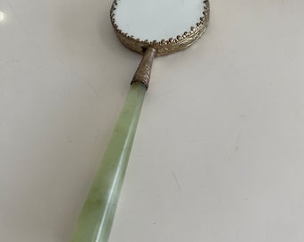 Vintage Chinese Porcelain Enamled and Jade Handled Mirror Hand Painted Ceramic Blue Butterflies