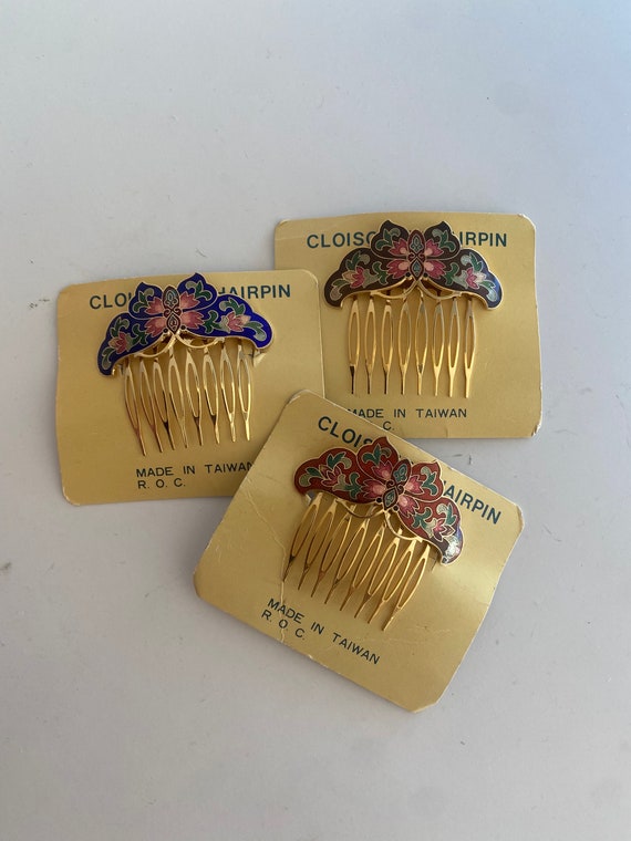 1980s Vintage New Cloisonné and Gold Hair Clip - image 2