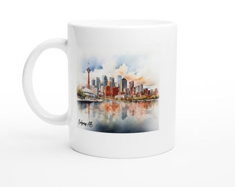 Calgary, AB Watercolor Skyline White 11oz Ceramic Mug