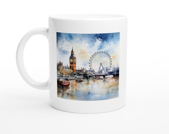 London England Watercolor Skyline White 11oz Ceramic Mug