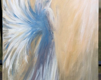 May include: A painting of an angel with white and blue wings, standing with its head tilted up, against a light brown background.