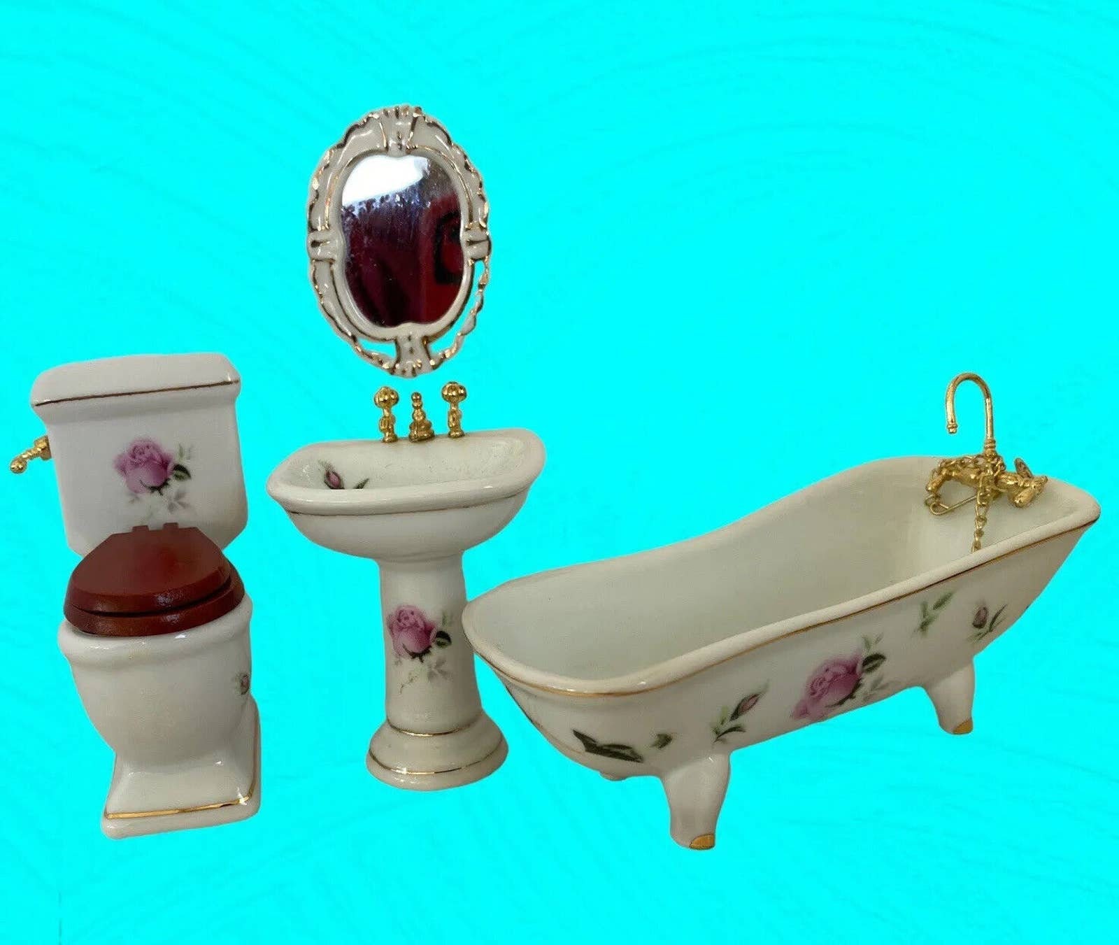 Miniature Dollhouse Wood Bathroom set Sink and Toilet - Ruby Lane