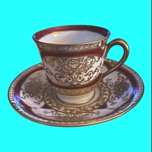 Noritake Hand Painted Demitasse Espresso Cup and Saucer, Red Gold Japan