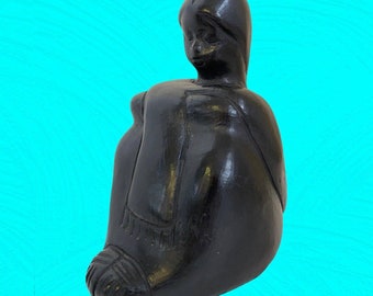 Vintage Oaxaca Mexico Black Pottery Folk Art Sculpture Figurine Sleeping Girl