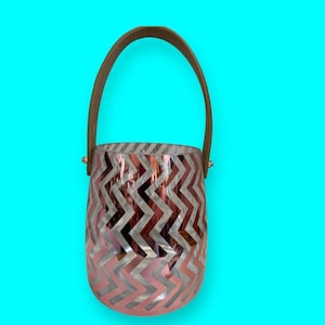 Vintage Leather Handled Glass Ice Bucket Gold Metallic Vertical Zigzag Chevron