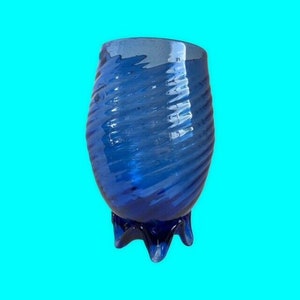 Cobalt Blue Vase Hand Blown Swirled Art Glass Footed Vase Violin Shape Bottle Vase Vintage