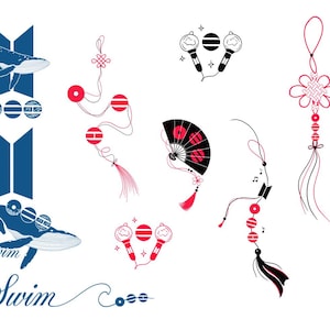 Könnte beinhalten: Eine Sammlung grafischer Illustrationen in Blau, Rot, Schwarz und Weiß. Designs umfassen einen Wal, Mikrofone, einen Fächer und dekorative Schnurornamente. Das Wort "Swim" ist kursiv geschrieben. Das Gesamtthema bezieht sich auf Musik und Kunst.