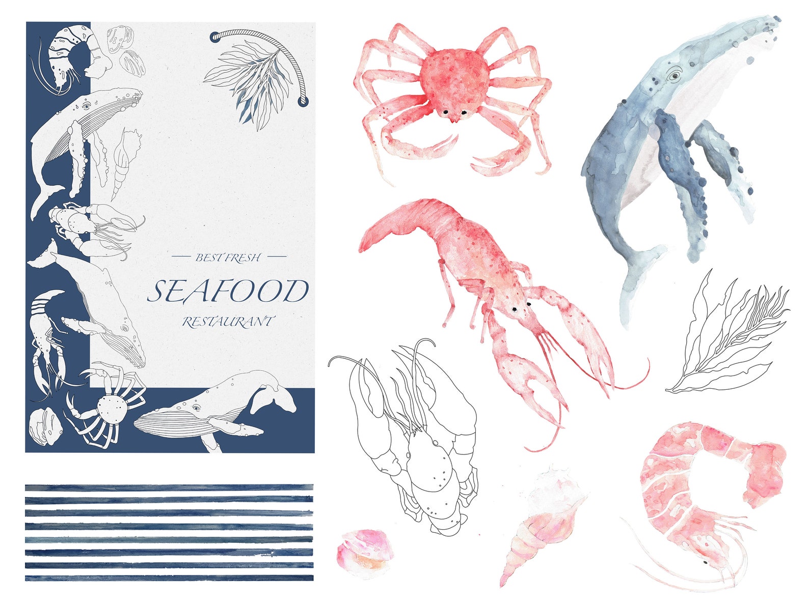 Seafood Graphics, Watercolor Clipart, PNG Files, 300 Dpi, Marine ...