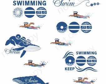 Op de afbeelding: Een verzameling digitale illustraties met pixel art zwemmers in matrozenpetten, blauwe vinvissen en ronde iconen met golf- en vispatronen. De tekst bevat de zinsneden KEEP SWIMMING en Swim in diverse blauwe grafische composities.