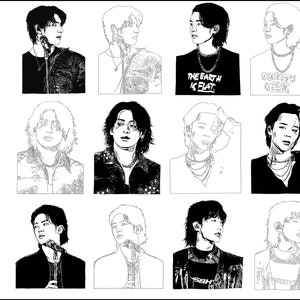 BTS graphics, painting, watercolor, clip art digital files 300dpi, PNG, V Teahyung, Jungkook, J-Hope, Jin, Jimin, Suga, RM ,k-pop group