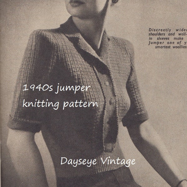 1940s widened shoulder jumper sweater pullover short sleeves 1946 moss-stitch knitting pattern - instant download