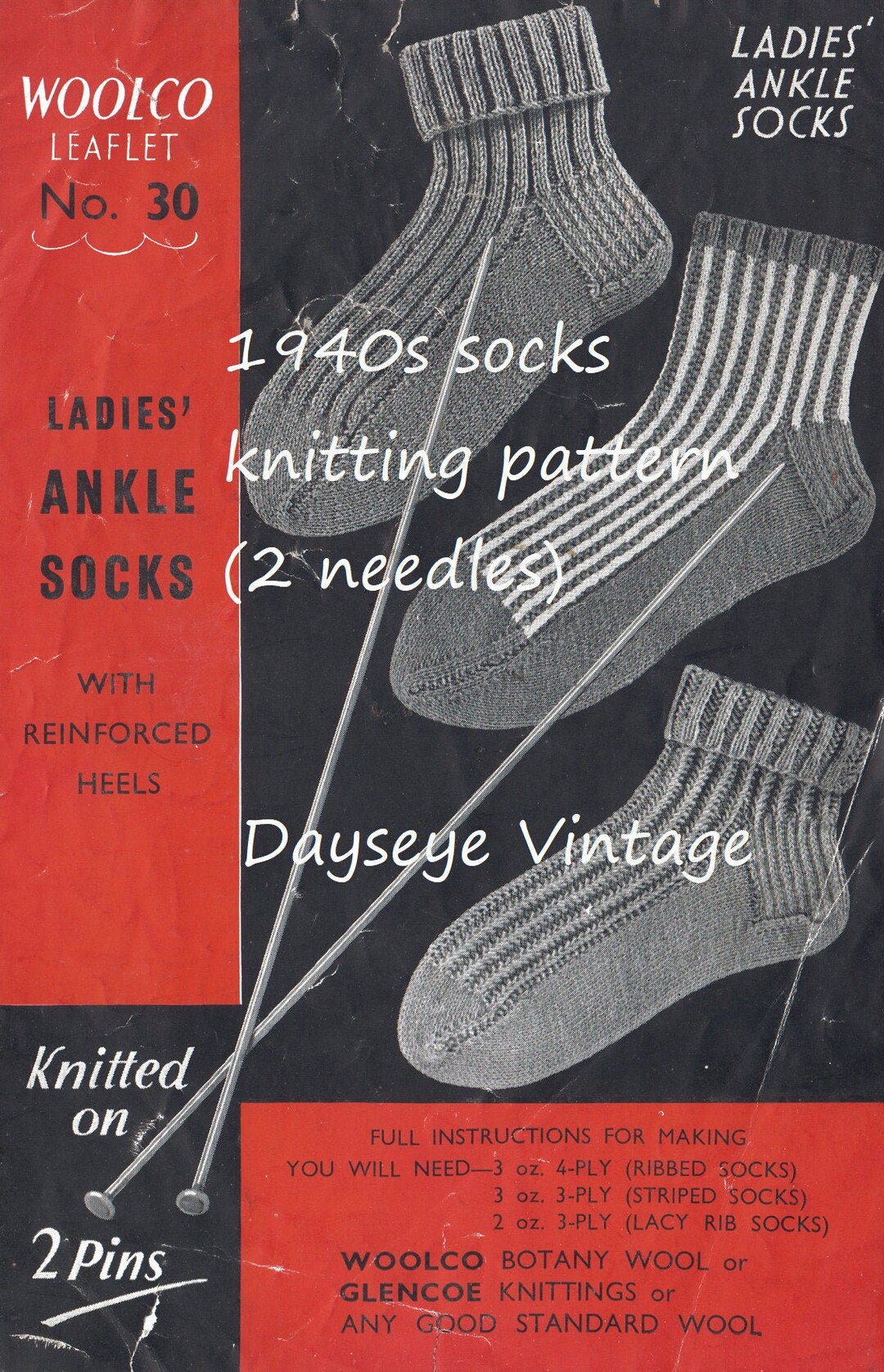 1940s Socks Reinforced Heels on 2 Needles Ankle Socks Tennis, Ribbed ...