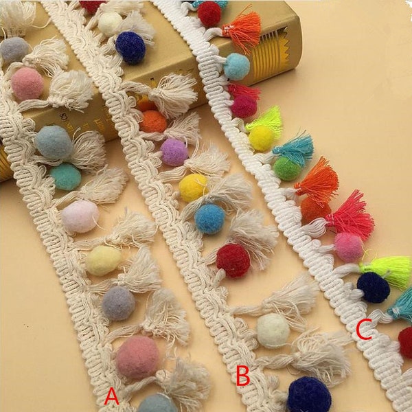 2 Meter farbiger Baumwollfaden Pompon Ornamente, Nähen Pompon Quaste Ornamente Pompon Dekoration Quastenband Bänder Bänder Kugeln