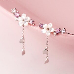 s925 sterling silver love crystal cherry blossom tassel earrings flower jewelry flower crystal jewelry flower jewelry