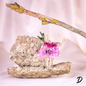 May include: A small glass vase filled with pink and magenta flowers sits on a rough, textured stone. A dried branch with yellow lichen extends across the top. The letter "D" is in the bottom right corner.