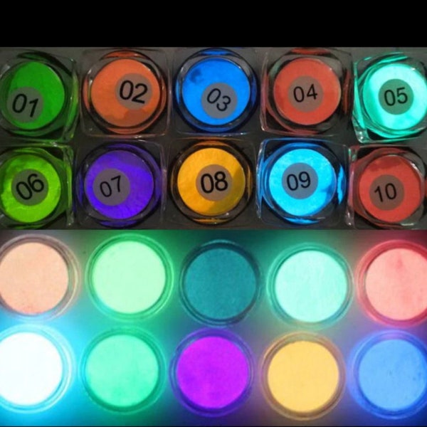 Im Dunkeln leuchtende Pulverbarben (10 Stück) fluoreszierend Farbpigmente zum Basteln, für Epoxidharz und Nail Art