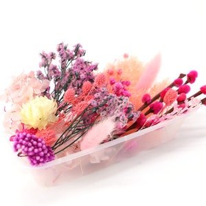 May include: A clear plastic rectangular container filled with an assortment of dried flowers and grasses in shades of pink, magenta, and cream. The arrangement includes pussy willow branches, fluffy bunny tails, and small clusters of statice.
