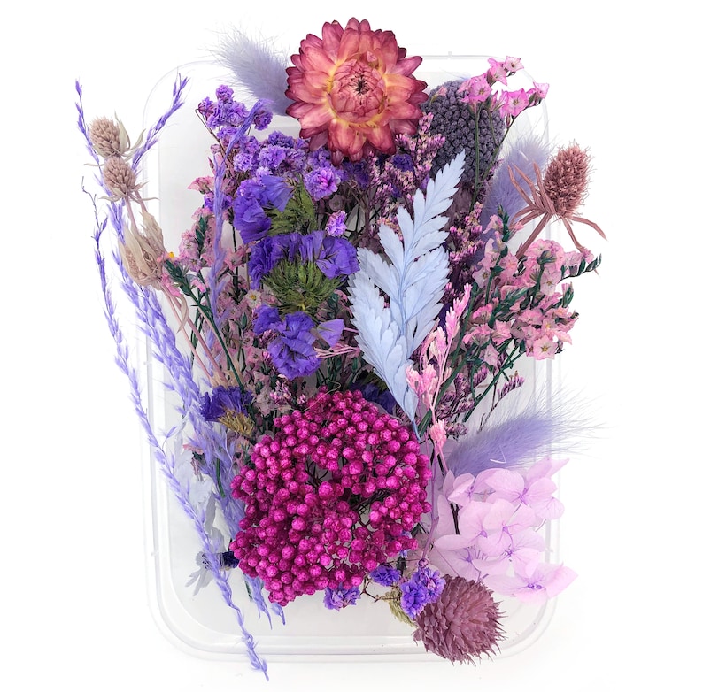 May include: A collection of dried flowers in shades of purple, pink, and magenta, including a large strawflower, sprigs of lavender, small purple statice, a light blue fern leaf, pink baby's breath, and fluffy purple bunny tail grass.