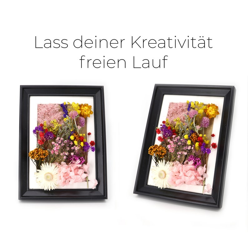 Peut inclure: Deux compositions florales encadr&eacute;es dans des cadres noirs. Chaque cadre contient une vari&eacute;t&eacute; de fleurs s&eacute;ch&eacute;es dans des tons de rose, jaune, orange et violet. Le texte "Lass deiner Kreativit&auml;t freien Lauf" est en haut.