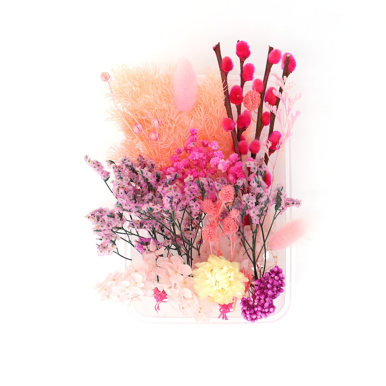 May include: A collection of dried and preserved flowers in shades of pink, magenta, and cream. The arrangement includes pussy willow branches, baby's breath, hydrangea florets, and fluffy bunny tails, all contained within a clear plastic tray.