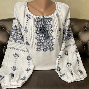 Elegant Women’s Embroidered Blouse – White Cotton with Gray Hand Embroidery, Timeless Ukrainian Traditional Design