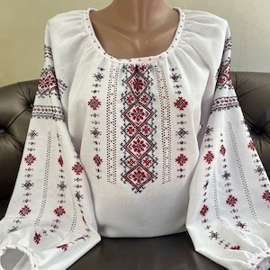 Authentic Carpathian Women’s Embroidered Shirt: Red-Black Handcrafted Patterns on White cotton with handmade Merezhka