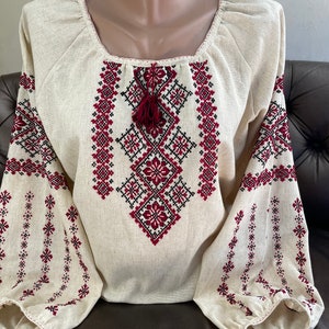 Blouse with hand embroidery Grey Linen Vyshyvanka in Ukrainian stylish, Vyshyvanka blouse