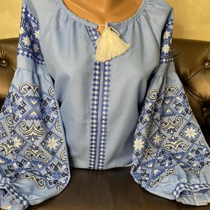 Boho Blue Linen Embroidered Blouse – Sky-Inspired Handmade Vyshyvanka