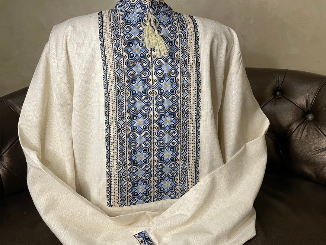 Camicia Ucraina Ricamata Vyshyvanka – Lino Blu, Taglia XL, Motivo Geometrico SWARGA