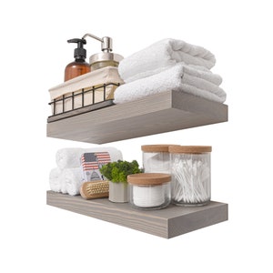Set Of 2 Rustic Wood Floating Shelves | 16 x 6.7 inch | Extra Wide Wall Shelf | Solid Wood Shelves | Bathroom Shelves | Gray Color