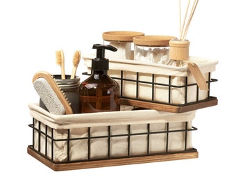 Wood and Wire Baskets, Toilet Paper Storage Holder with Liners, Bathroom Organizer Set of 2