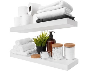 White Floating Shelves Set Of 2 | Rustic Wood Shelf | 24 x 6.7 inch | Bathroom Wall Shelves | Solid Wooden Shelves White Color