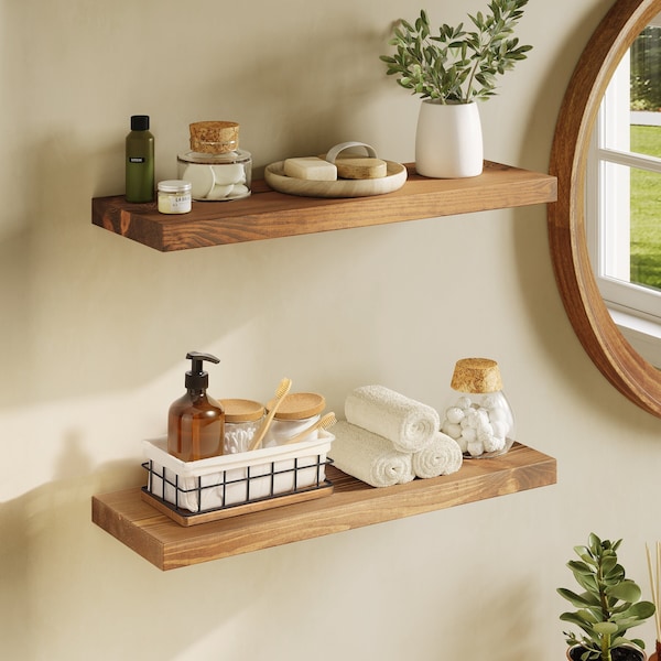 Set Of 2 Floating Shelves, Bathroom Shelves for Walls, Solid Wood Floating Shelves | 24 x 6.7 inch | Wooden wall shelves, Walnut shelf