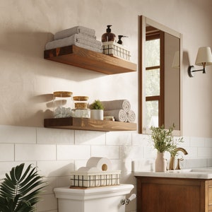 Floating Shelves Set Of 2, Bathroom Shelves for Walls, Solid Wood Shelves | 16 x 6.7 inch | Wooden wall shelves, Shelf floating