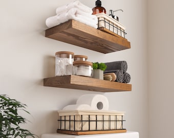 Set Of 2 Rustic Wood Floating Shelves | 16 x 6.7 inch | Extra Wide Wall Shelf | Walnut Color