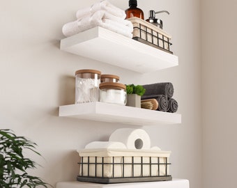Set Of 2 Rustic Wood Floating Shelves | 16 x 6.7 inch | Extra Wide Wall Shelf | White Shelves