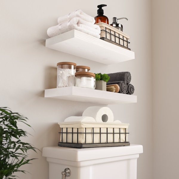 Set Of 2 Rustic Wood Floating Shelves | 16 x 6.7 inch | Extra Wide Wall Shelf | White Shelves