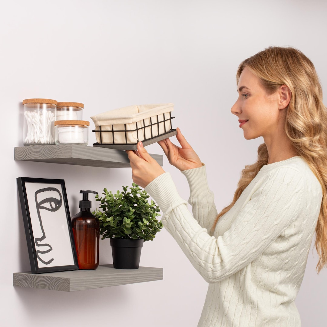 Set of 2 Rustic Gray Wood Floating Sh...