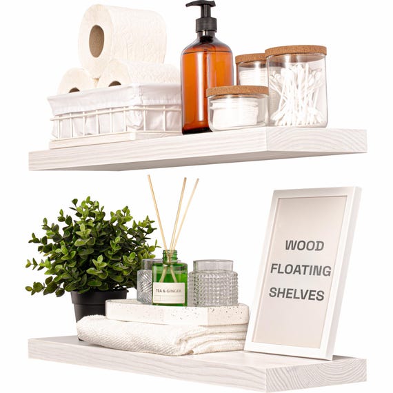 White Floating Shelves Set Of 2 | Rustic Wood Shelf | 24 x 6.7 inch | Bathroom Wall Shelves | Solid Wooden Shelves White Color