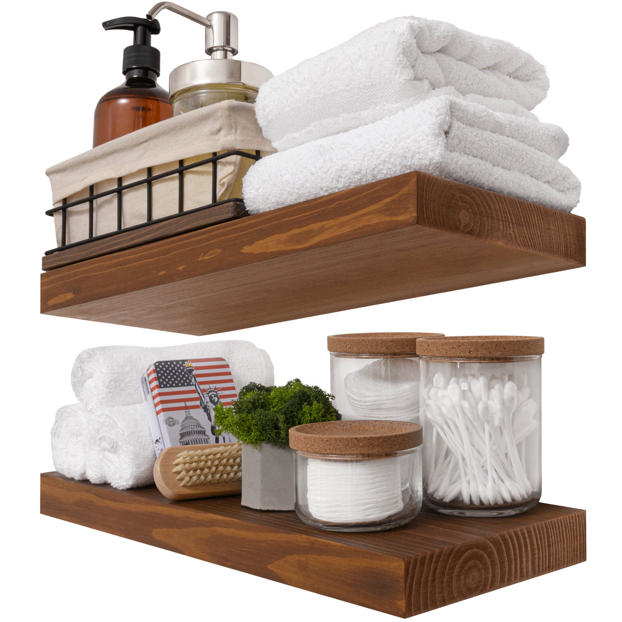 15.7 in. W x 6.7 in. D Brown Wood Bathroom Shelves Over Toilet Floating  Farmhouse Set of 2 Decorative Wall Shelf