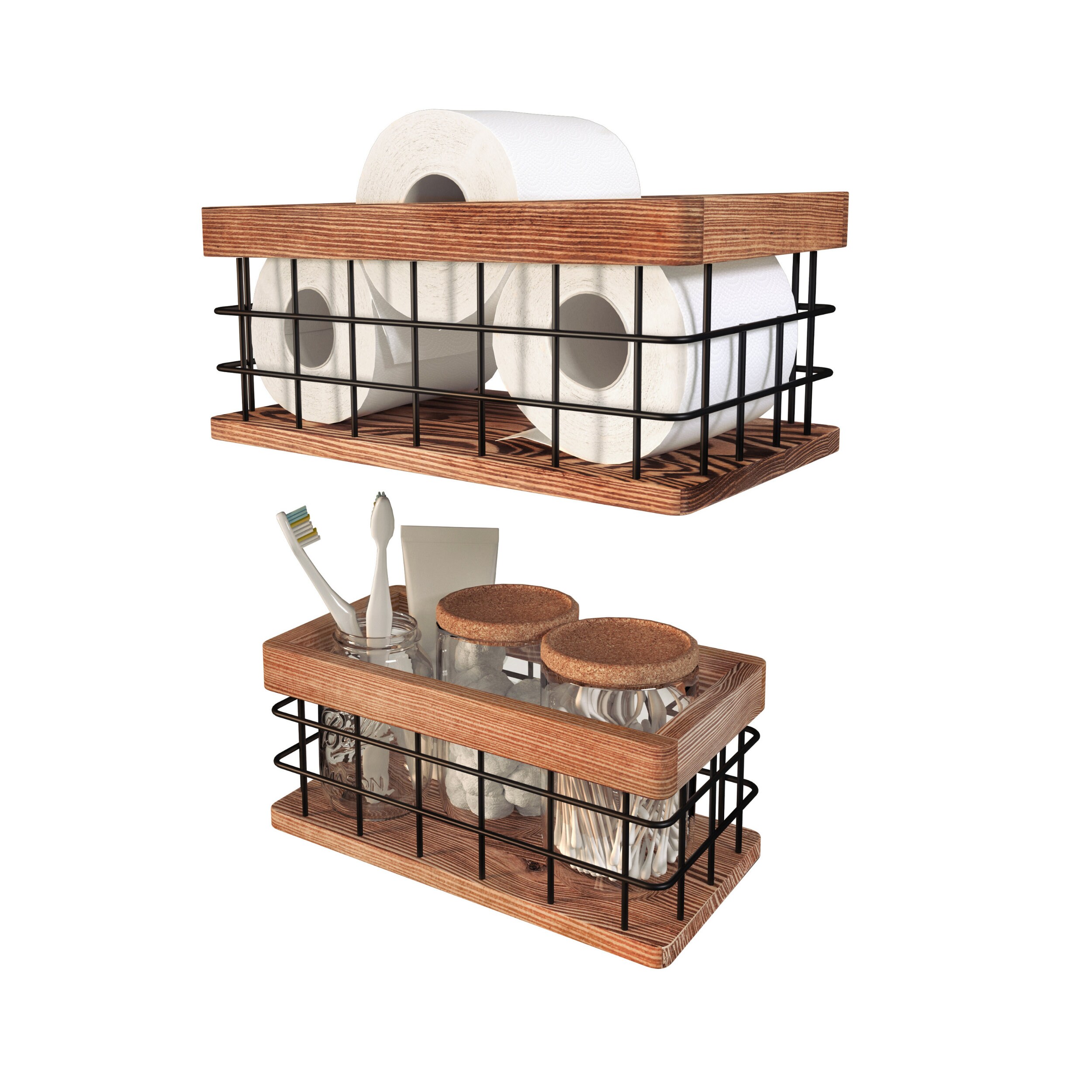 Set of 2 Wood and Wire Baskets Bathroom Toilet Paper Boxes Etsy